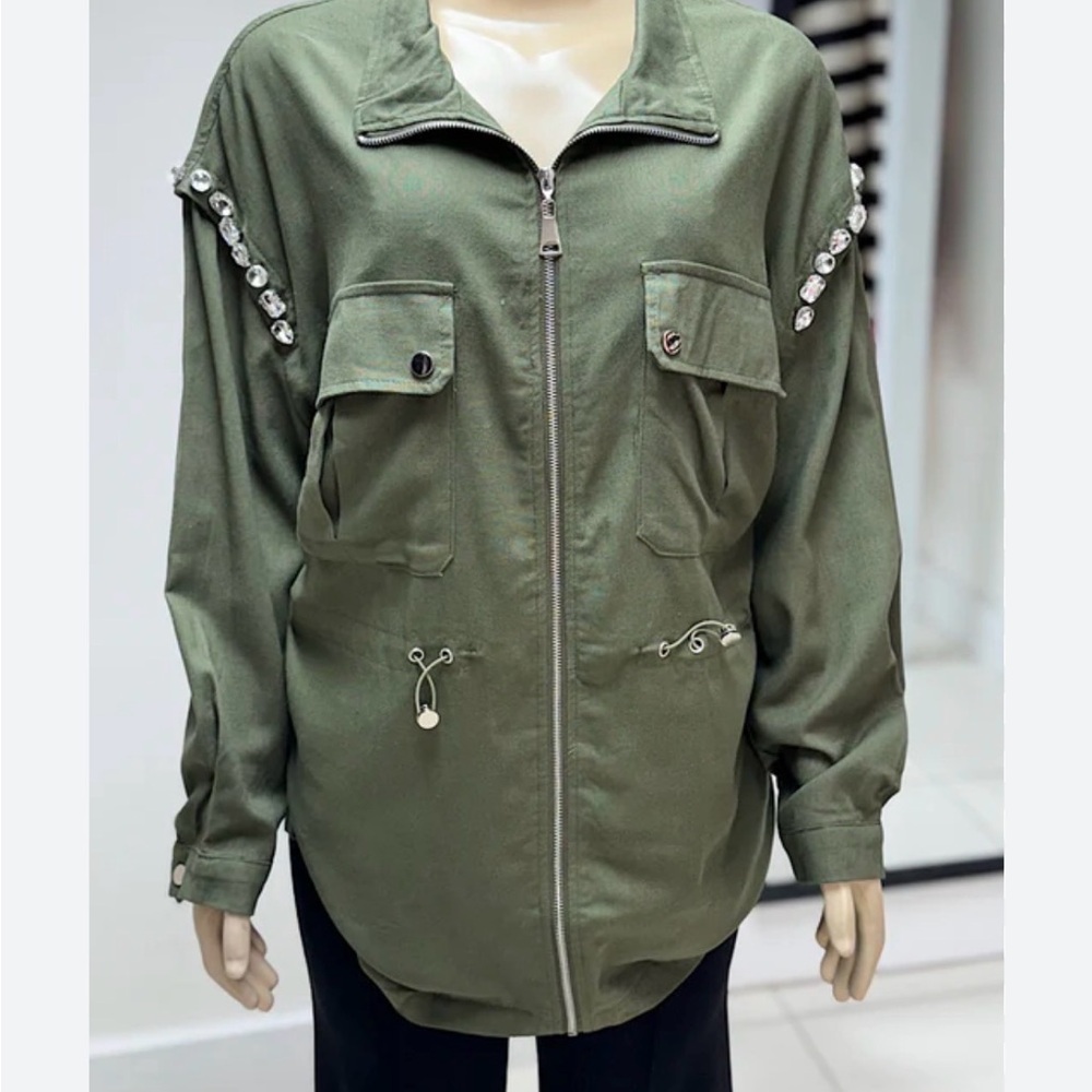 Embellished Olive Utility Jacket with Zip Front